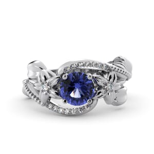 5913 - Round Tanzanite Diamond Ring With Pave and Floral Detail
